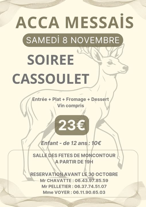 Soirée Cassoulet samedi 8 novembre à Moncontour